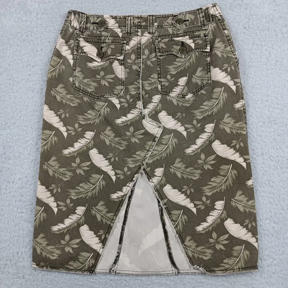 Cato Midi Skirt Women 8 Green Feather Leaf Print Cotton Raw Hem RN 37080
